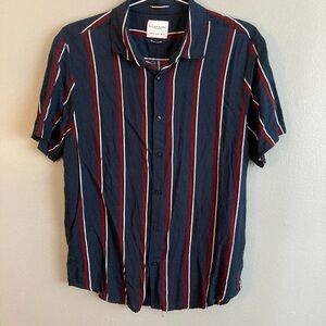 denim flower ricky singh button up shirt Short Sleeve Blue Red White Stripe Sz M